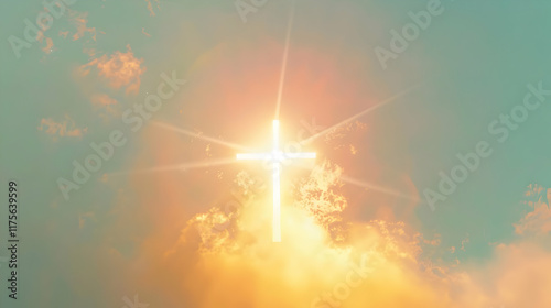 Golden Christian cross with radiant yellow light beams shining outwards, set against a soft pastel sky