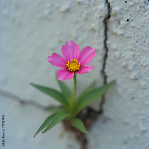A vibrant pink flower with yellow centers is depicted against a textured gray background.