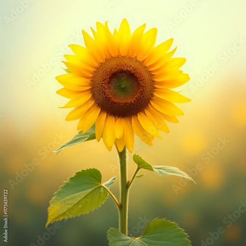 A vibrant sunflower stands out against a blurred natural backdrop, its radiant yellow petals and brown center commanding attention.