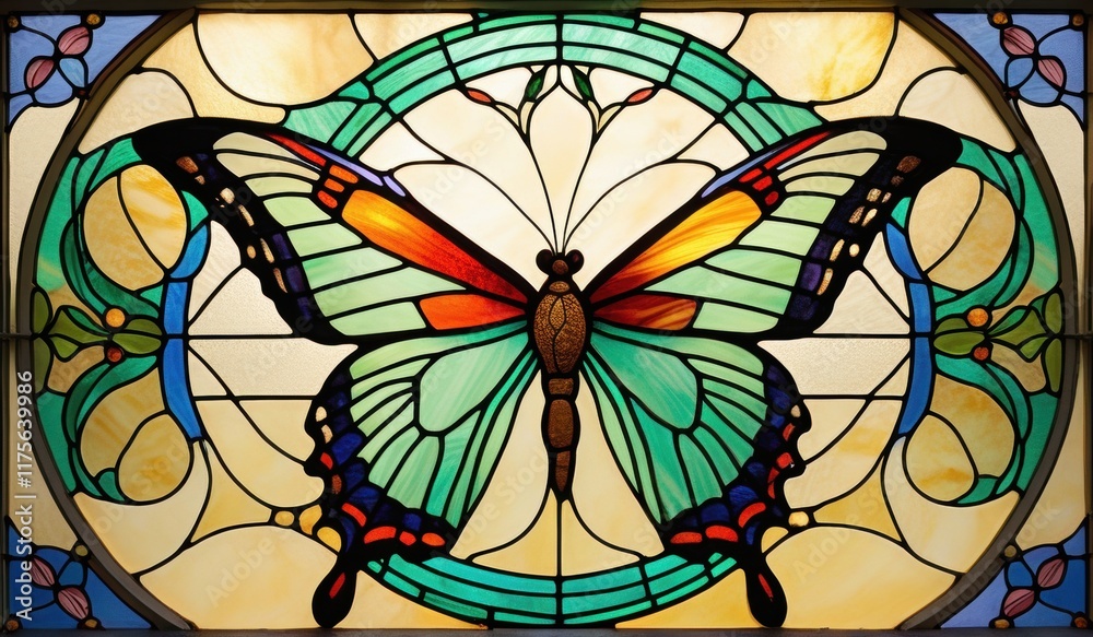 Fototapeta premium A vibrant stained glass butterfly, its wings a kaleidoscope of blues, greens, and reds, bathed in warm light.