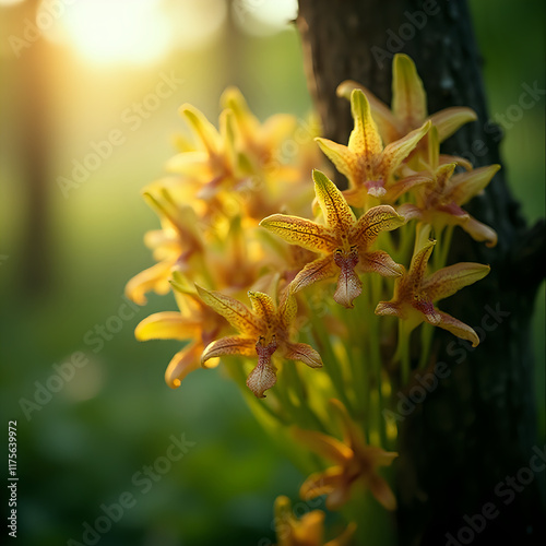 A cluster of yellow orchid flowers with intricate patterns and bright colors is set against a blurred natural background, bathed in the warm glow of the sun.
