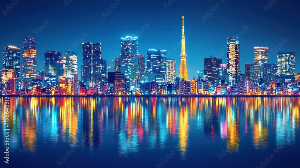 Fototapeta premium Tokyo Nightscape: Vibrant City Skyline Reflected in Calm Waters