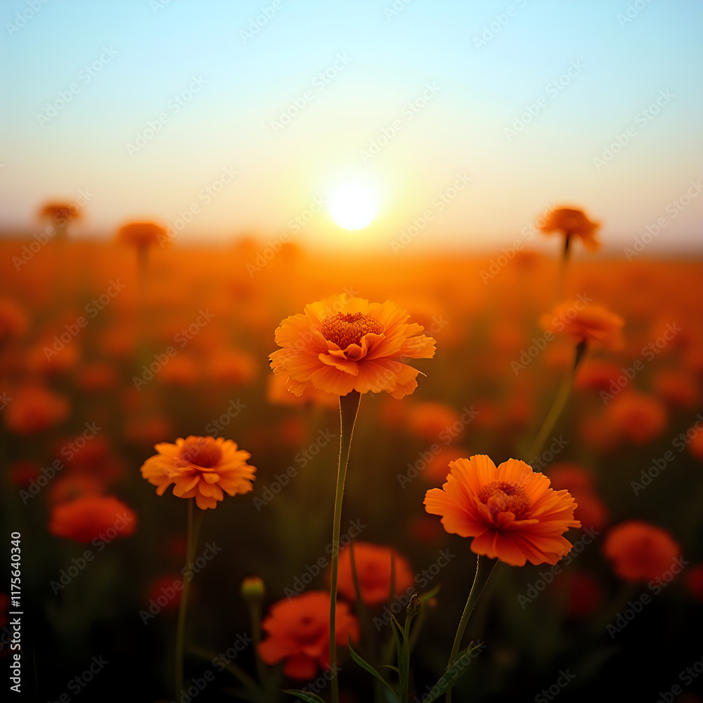 A field of vibrant orange flowers bathed in the warm glow of the setting sun.