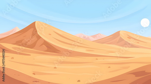 Serene desert landscape with rolling dunes and a clear sky, evoking a peaceful and expansive 2D background