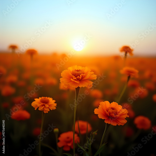 Obraz na płótnie A field of vibrant orange flowers bathed in the warm glow of the setting sun. w salonie