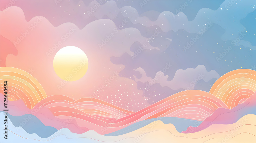 Fototapeta premium Soft pastel gradient blending into a serene sky with clouds and subtle abstract patterns in the background