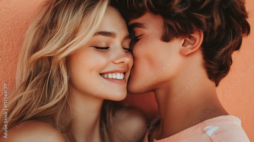 Intimate kiss between a Caucasian couple with genuine smiles, captured in close-up against a coral studio background, exuding love and connection Intimate kiss between a Caucasian couple with genuine smiles, captured in close-up against a coral studio background, exuding love and connection