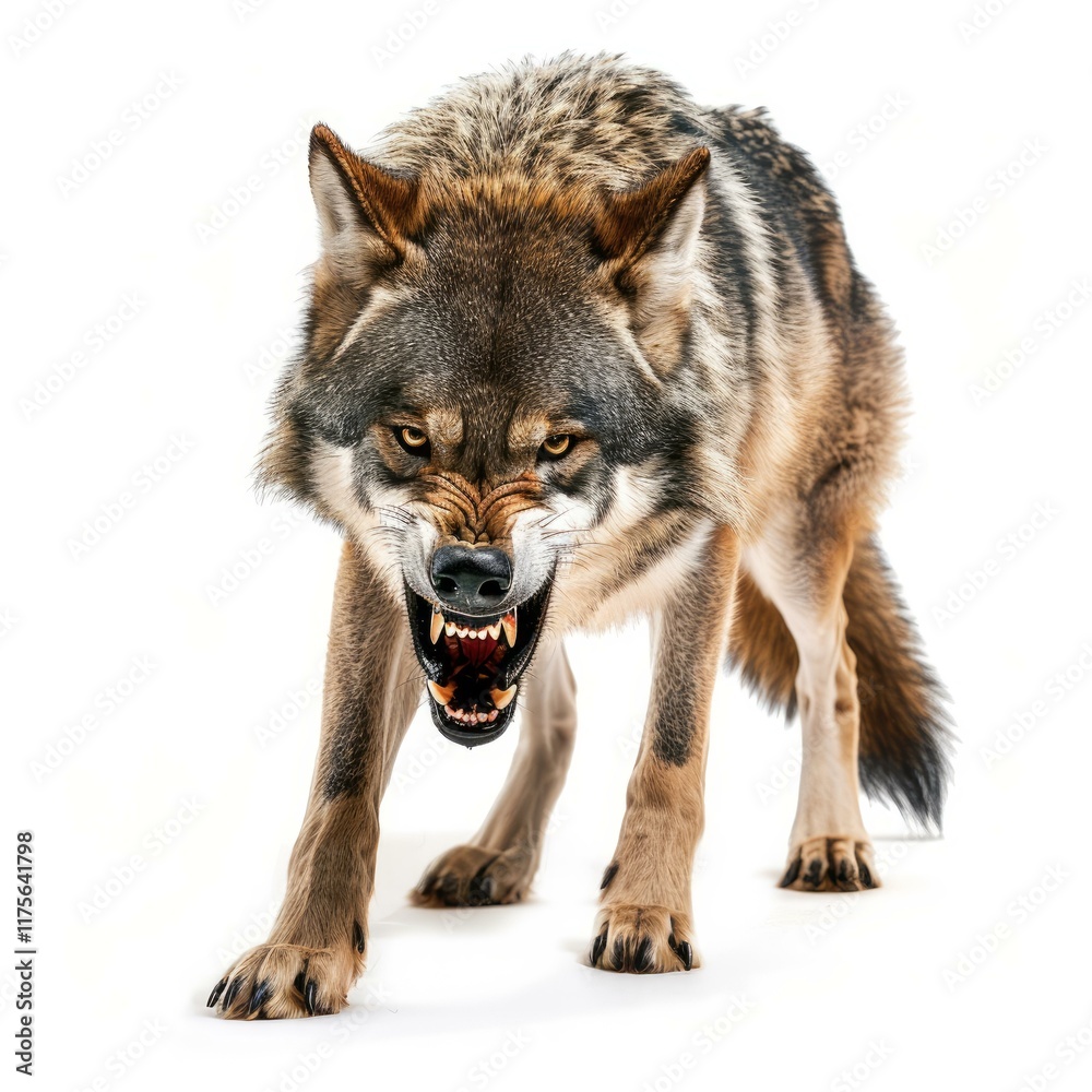 Obraz premium Eurasian wolf showing its teeth while snarling aggressively on a white background
