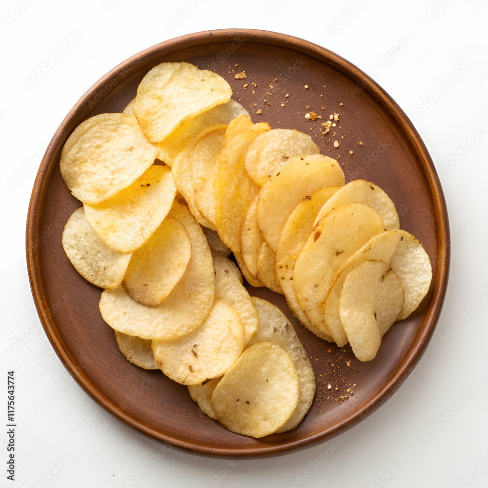 Crispy potato chips piled high on a rustic plate. Crispy potato chips piled high on a rustic plate.