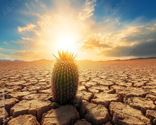 Sunset over a cracked desert landscape with a single cactus