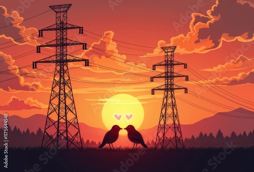 Electric Love Birds. Silhouettes of two birds against sunset with power lines and heart symbols, creating romantic industrial scenery.
