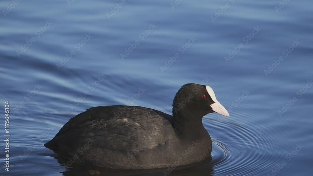 Slow motion of common Eurasian coot swimming on a lake Slow motion of common Eurasian coot swimming on a lake