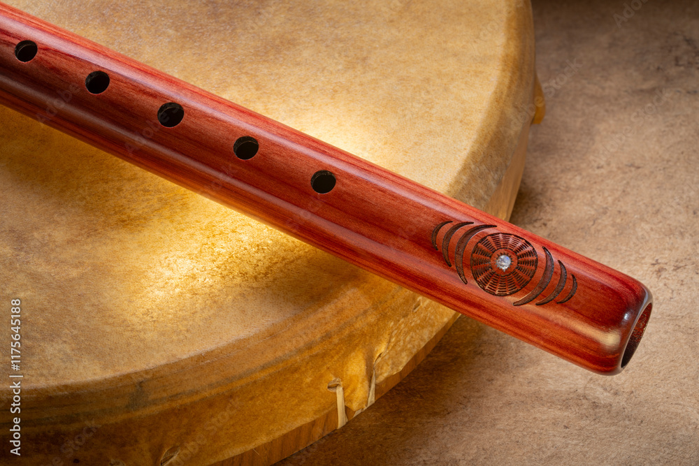 Fototapeta premium detail of native American style flute handcrafted from aromatic cedar and shaman drum