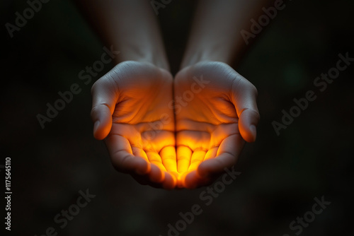 Close-up of hands cupping towards the camera, praying in a mosque with a blurred background creates an atmosphere of hope and unity. Islamic background.