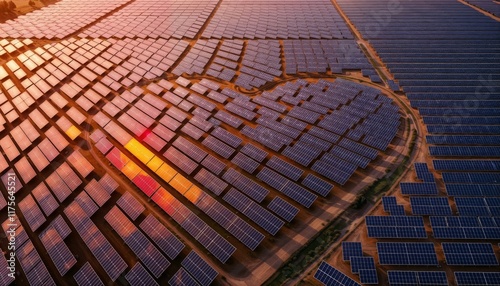 Heart of Solar Power. Aerial view of heart-shaped solar panel farm during golden sunset with dramatic lighting effects.