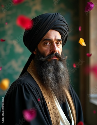 Islamic scholars from various periods of history, smooth facial features, bushy beards, colorful clothes, rose petals flying in the air, marble wall in the background, mystical photo