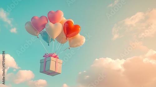 Floating gift boxes with colorful heart-shaped balloons rising in a soft pastel sky
