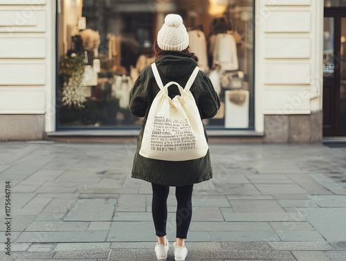 Brunette child wearing winter attire walks through a city shopping area photo