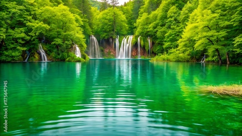 Serene Green Waterfall Lake Surrounded by Lush Forests and Crystal-Clear Waters in a Peaceful Environment