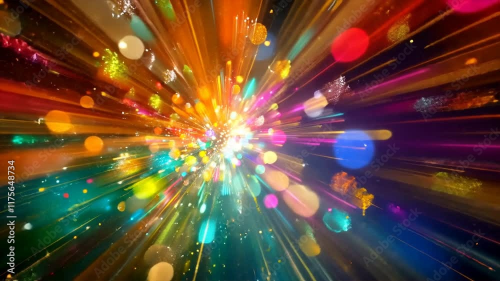 Vibrant explosion of colorful lights and particles creates dynamic visual effect, showcasing energy and movement in abstract display of vivid hues.