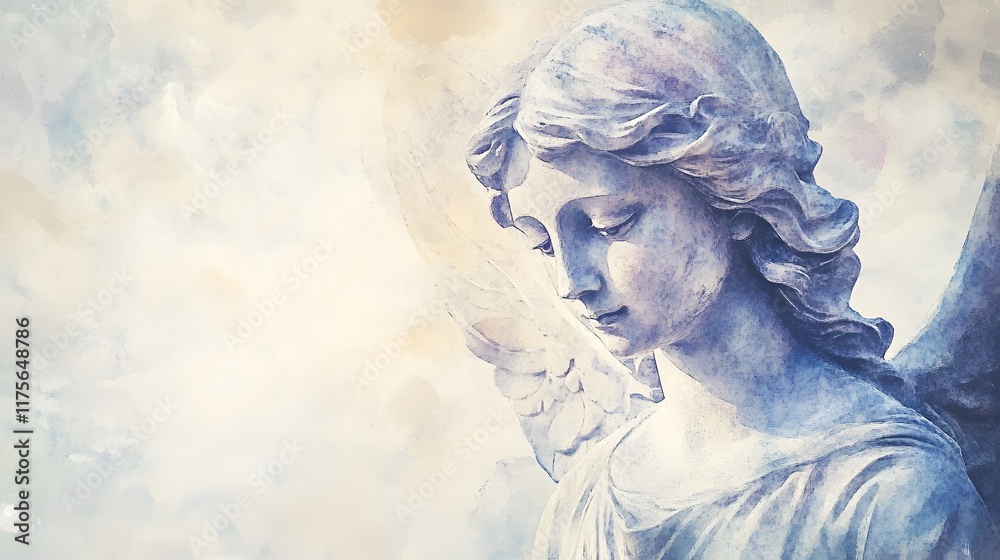 Fototapeta premium Watercolor Angel Sculpture Depicts Peaceful Sorrow