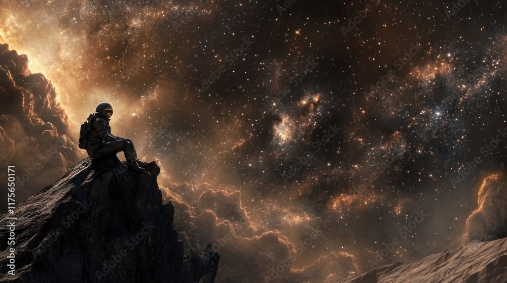 Astronaut sits on a rock gazing at a breathtaking starry night sky filled with nebulae and cosmic dust. Astronaut sits on a rock gazing at a breathtaking starry night sky filled with nebulae and cosmic dust.