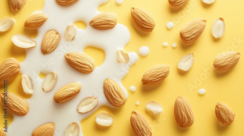 Wallpaper Mural almond milk with almond nuts isolated on yellow background. vegan ecological milk substitute raw food Torontodigital.ca