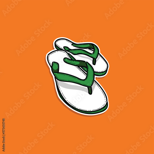 Graphic illustration showcasing a pair of green strap flip-flops on a vivid orange backdrop, depicting leisure, summer, and casual style. Perfect for themes relating to beach or relaxed outdoor.