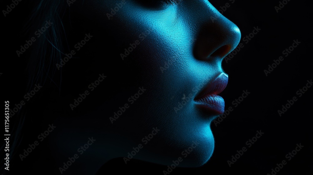 Profile of a woman's face illuminated by soft blue light against a dark background. Profile of a woman's face illuminated by soft blue light against a dark background.
