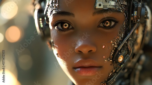 Realistic humanoid face showcasing intricate luminous artificial intelligence designs