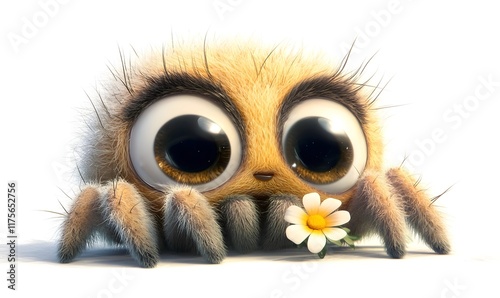 Cute fluffy spider holding daisy.