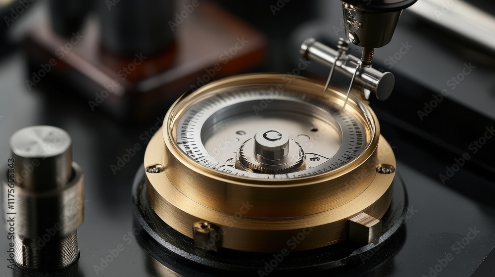 Close-Up of Antique Brass Timer with Precision Dial and Glass Lens on Black Surface in an Elegant Setting for Vintage and Industrial Themes Close-Up of Antique Brass Timer with Precision Dial and Glass Lens on Black Surface in an Elegant Setting for Vintage and Industrial Themes