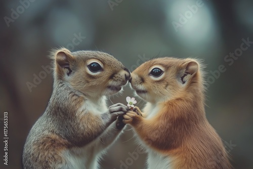 Two squirrels gently touching noses while holding a small flower between them in a soft-focus background photo