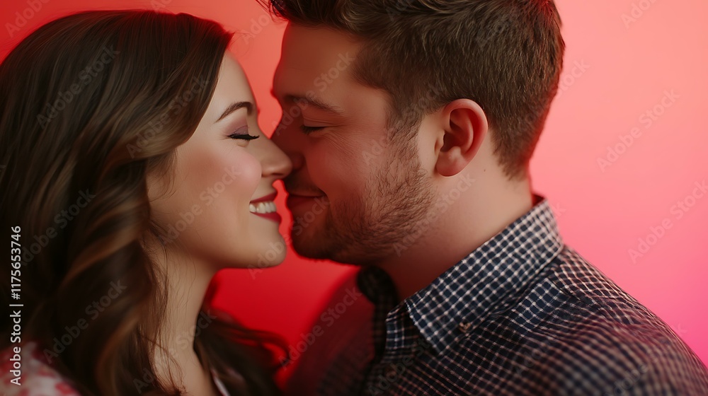 Close-up of a Caucasian couple kissing and smiling at each other in a romantic moment on a coral studio background, perfect for Valentine's Day celebration Close-up of a Caucasian couple kissing and smiling at each other in a romantic moment on a coral studio background, perfect for Valentine's Day celebration
