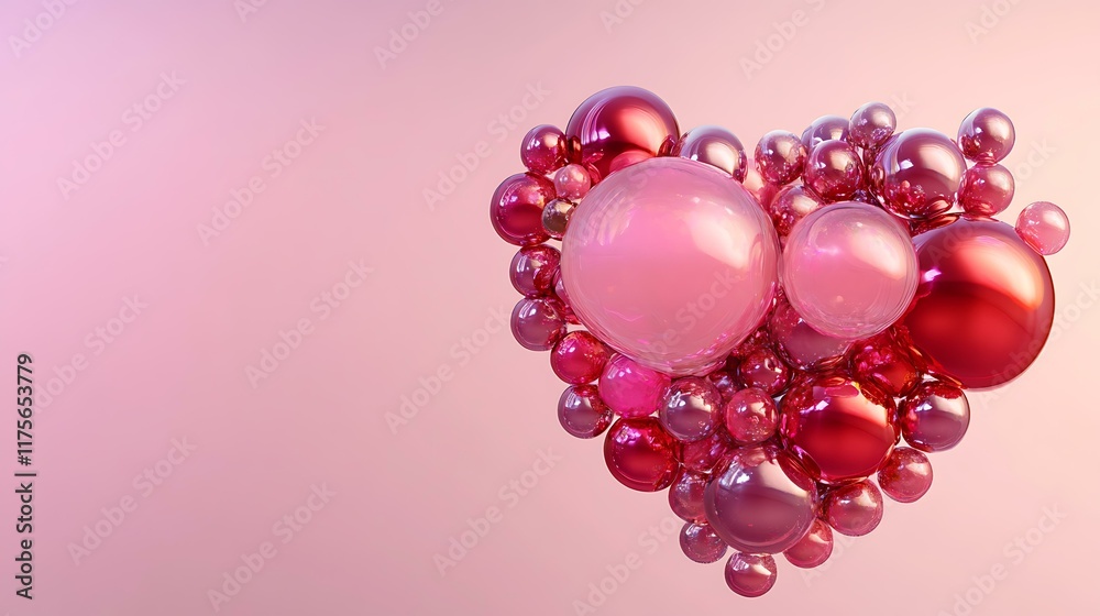 Fototapeta premium 3D render of multicolored glass spheres in pink and red, along with metallic red spheres arranged in a heart shape against a soft gradient background