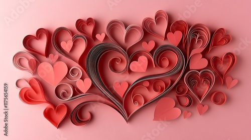 Beautifully arranged red paper cut hearts on a pastel pink flat surface, ideal for creating Valentineâ€™s Day, anniversary, or Motherâ€™s Day cards