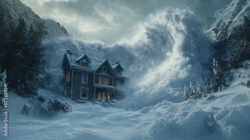 Massive snow avalanches crashed into isolated houses in mountain valleys. AI generated image