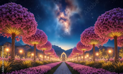 Enchanting night garden with vibrant blossoms photo