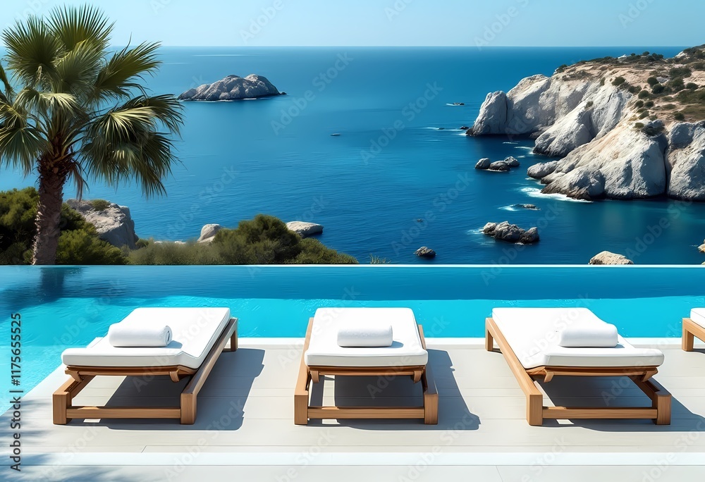 Fototapeta premium Infinity Pool Overlooking Stunning Tropical Sea With Loungers in Sunny Paradise