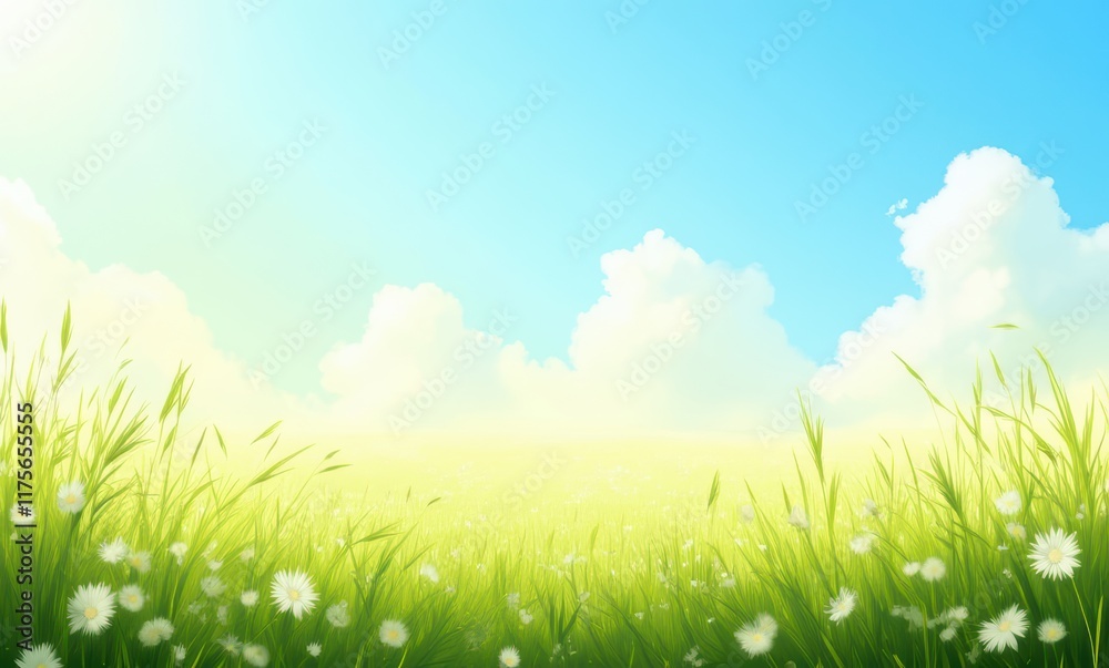 Vibrant grassy field under blue sky Vibrant grassy field under blue sky