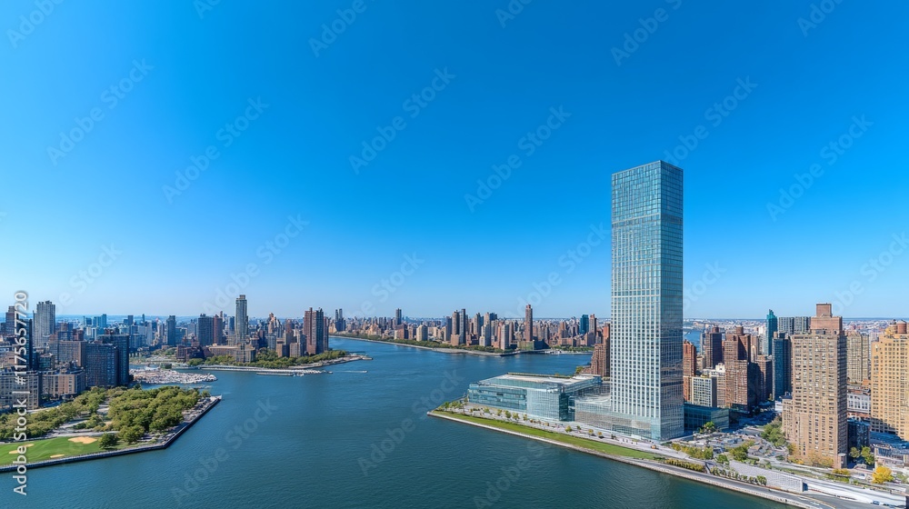 Obraz premium Tall skyscraper by river, sunny city view.