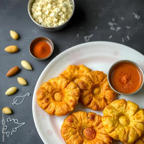 Chakli, chakali or Murukku and Besan (Gram flour) Sev and chivada or chiwada photo