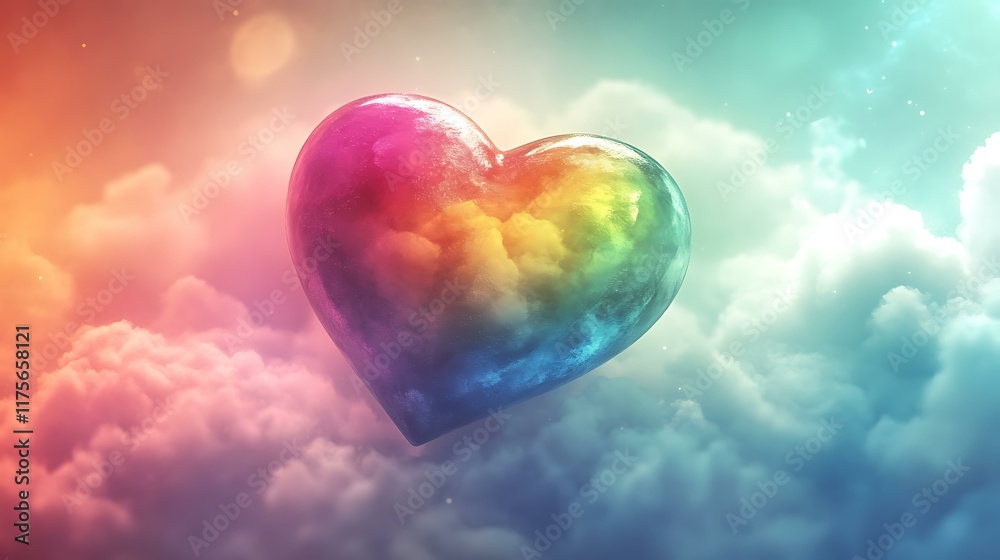 A stunning heart in a rainbow of colors floating in soft, fluffy clouds on an abstract, dreamy background A stunning heart in a rainbow of colors floating in soft, fluffy clouds on an abstract, dreamy background
