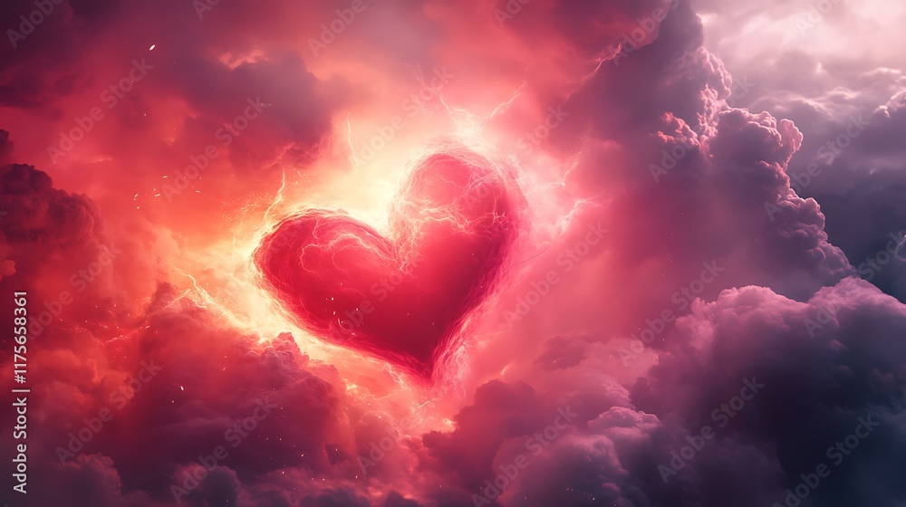A soft, glowing heart in the clouds with abstract color swirls and light effects for a dreamy, Valentine's Day-inspired scene A soft, glowing heart in the clouds with abstract color swirls and light effects for a dreamy, Valentine's Day-inspired scene