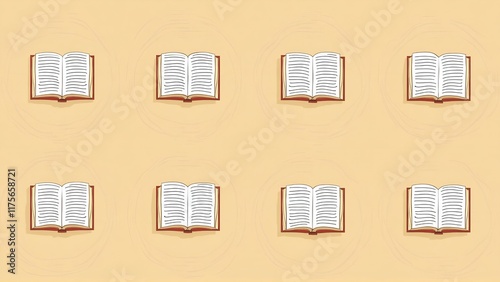 Cartoon-Style Red Books Grid Pattern on Beige Background