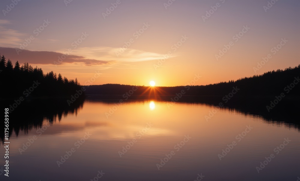 Serene sunset over tranquil lake landscape Serene sunset over tranquil lake landscape