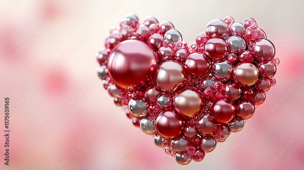 Obraz premium A shiny 3D heart made from glass and metallic spheres in vibrant red and pink tones, perfect for creating a stylish Valentine's Day design