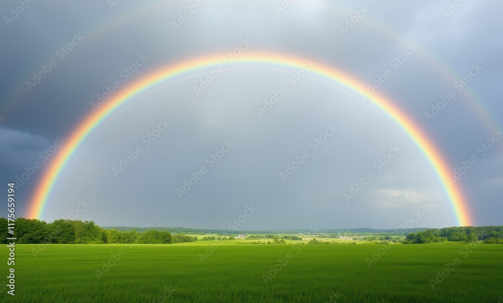 Vibrant double rainbow over green fields Vibrant double rainbow over green fields