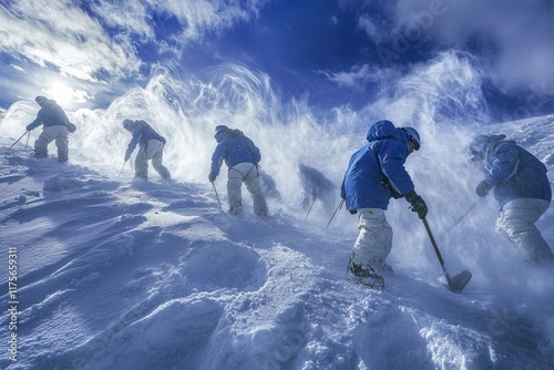 Rescuers navigate snowy mountains with gear and teamwork. Search and rescue operation Avalanche. AI generated image