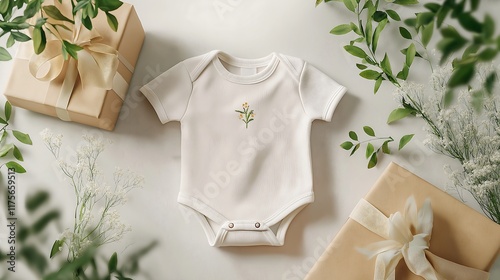 Custom-embroidered baby onesie, adorable gift packaging, 3D illustration.